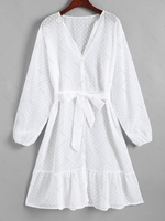 Swiss Dot Lantern Sleeve Sheer Flounce Cover Up Dress White