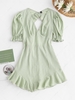 Swiss Dot Puff Sleeve Ruffle Open Back Dress L Light green