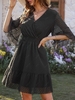 Swiss Dot Shirred Waist Surplice Mini Dress M Black