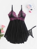 T-back Lace Panel Sheer Mesh Lingerie Babydoll Set S