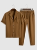 Tailored Collar Short Sleeves Shirt and Drawstring Pants Set Deep coffee
