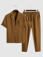 Tailored Collar Short Sleeves Shirt and Drawstring Pants Set Deep coffee