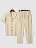 Tailored Collar Short Sleeves Shirt and Drawstring Pants Set Light coffee