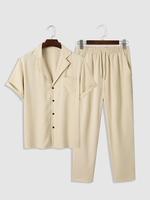 Tailored Collar Short Sleeves Shirt and Drawstring Pants Set Light coffee