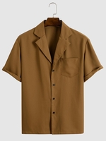 Tailored Collar Solid Color Short Sleeves Shirt Xl Deep coffee