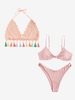 Tassel Crochet Halter Bralette With Textured Knotted Cheeky Bikini Set Light pink