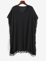 Tassel Semi Sheer Tunic Cover Up Dress Black