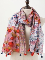 Tasseled Trim Floral Pattern Scarf