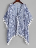 Tasseled Trim Tie Front Ethnic Printed Kimono Cover Up Light blue