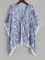 Tasseled Trim Tie Front Ethnic Printed Kimono Cover Up Light blue
