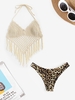 Tassels Crochet Knit Beach Top and Animal Print High Leg Bikini Bottom Light coffee