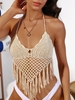 Tassels Crochet Knit Tie Open Back Top Light coffee