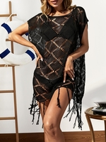 Tassles Crochet Pointelle Knit Cover Up Top Black