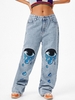 Tear Eyes Embroidered Straight Jeans L Light blue