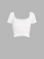 Terry Cloth Butterfly Pattern Crop T Shirt L White