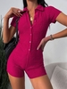 Terry Cloth Button Placket Unitard Romper M Light pink