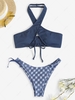 Terry Cloth Checkerboard Pattern Criss Cross Halter Bikini Swimwear Deep blue
