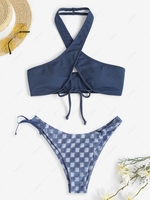 Terry Cloth Checkerboard Pattern Criss Cross Halter Bikini Swimwear Deep blue