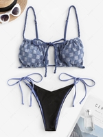 Terry Cloth Checkerboard Reversible Sting Tanga Bikini Set Blue