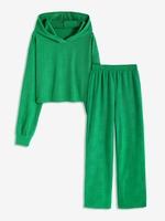 Terry Cloth Hooded Drop Shoulder Wide Leg Pants Set M Green