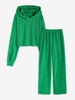 Terry Cloth Hooded Drop Shoulder Wide Leg Pants Set S Green
