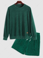 Terry Cloth Textured Solid Patched Top and Drawstring Pocket Shorts Set Deep green