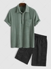 Texture Corduroy Shirt and Solid Color Cargo Shorts Set Deep green