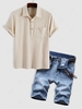 Texture Corduroy Shirt and Zip Fly Denim Shorts Set White