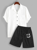 Texture Short Sleeves Shirts and Smiling Face Embroidery Shorts Set White
