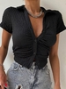 Textured Button Up Ruched Collared Tee L Black