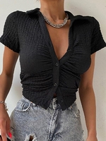 Textured Button Up Ruched Collared Tee S Black