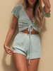 Textured Cinched Raglan Sleeve Loose Shorts Set L Light green