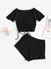 Textured Cinched Raglan Sleeve Loose Shorts Set M Black