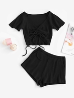 Textured Cinched Raglan Sleeve Loose Shorts Set S Black