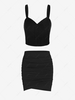 Textured Cropped Ruched Tank Top and Tulip Skirt Set Black