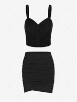 Textured Cropped Ruched Tank Top and Tulip Skirt Set Black