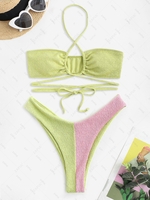 Textured Cross Midriff Flossing Colorblock Bikini Swimwear Light green