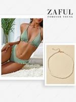 Textured Frilled Halter High Cut Bikini and Faux Pearl Choker Clavicle Necklace Light green
