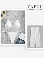 Textured Halter Loincloth Bikini and Drawstring Openwork Lace Cover Up Pants White