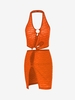 Textured Halter O Ring Slit Bodycon Dress L Dark orange
