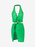 Textured Halter O Ring Slit Bodycon Dress L Green