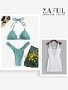 Textured High Cut Ruched Bikini and Crochet Openwork Beach Dress Green