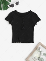 Textured Knit Lettuce Trim Button Placket Baby Top S Black