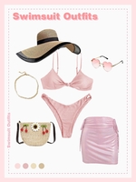 Textured Knotted Bikini Iridescent Skirt 7 PCS Vacation Beach Swimwear Outfits Light pink