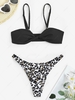 Textured Knotted Bikini Top and Leopard Thong Bikini Bottom Black