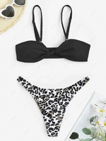 Textured Knotted Bikini Top and Leopard Thong Bikini Bottom Black
