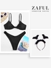 Textured Knotted Cheeky Bikini Swimwear with Halloween Faux Fur Spider Bat Headband Black