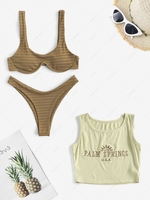 Textured Monowire Bikini and Cropped Embroidered Ribbed Tank Top Deep coffee