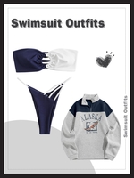 Textured O Ring Colorblock Bandeau Bikini Swimwear with Fleece Lined ALASKA Graphic Quarter Zip 90s Sweatshirt Deep blue
