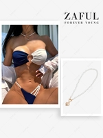 Textured O Ring Colorblock Lace Up Bandeau Bikini Swimwear with Heart Pendant Faux Pearl Necklace Deep blue